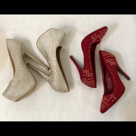 SOLD Just Fab 2 pairs/studded red & off-white Pumps 7.5 - Picture 4 of 8